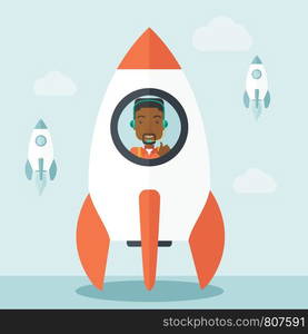 A black guy is happy inside the rocket it is a metaphor for starting a business, new beginning. On-line start up business concept. A Contemporary style with pastel palette, soft blue tinted background with desaturated clouds. Vector flat design illustration. Square layout.. Black guy in On- line business start up