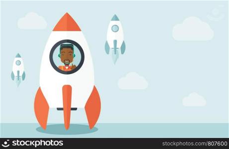 A black guy is happy inside the rocket it is a metaphor for starting a business, new beginning. On-line start up business concept. A Contemporary style with pastel palette, soft blue tinted background with desaturated clouds. Vector flat design illustration. Horizontal layout.. Black guy in On- line business start up