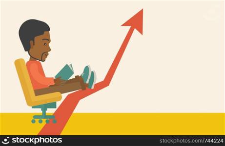 A Black guy sitting, relaxing in increasing business. Progress business concept. A Contemporary style with pastel palette, soft beige tinted background. Vector flat design illustration. Horizontal layout with text space in right side.. Black guy relaxing in growing business.