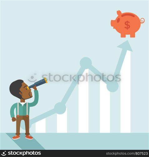 A black guy standing using telescope to see the graph and piggy bank is on the top of the arrow, a sign of progress as business sales is increase. Growing business concept. A contemporary style with pastel palette soft blue tinted background. Vector flat design illustration. Square layout. . Black guy with telescope to see the graph.