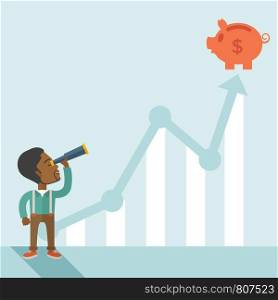 A black guy standing using telescope to see the graph and piggy bank is on the top of the arrow, a sign of progress as business sales is increase. Growing business concept. A contemporary style with pastel palette soft blue tinted background. Vector flat design illustration. Square layout. . Black guy with telescope to see the graph.