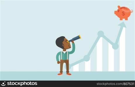 A black guy standing using telescope to see the graph and piggy bank is on the top of the arrow, a sign of progress as business sales is increase. Growing business concept. A contemporary style with pastel palette soft blue tinted background. Vector flat design illustration. Horizontal layout with text space in lefty side. . Black guy with telescope to see the graph.