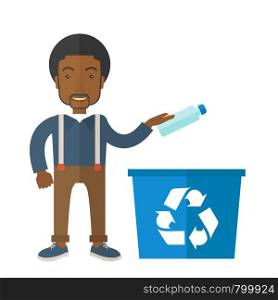 A black guy throwing plastic container into blue can with recycle symbol. A Contemporary style. Vector flat design illustration isolated white background. Square layout.. Man throwing plastic container into recycle can