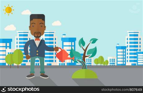 A black guy watering the growing plant as improving economy. A Contemporary style with pastel palette, soft blue tinted background with desaturated clouds. Vector flat design illustration. Horizontal layout.. Black guy watering the plant.