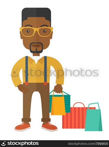 A black guy who go shopping with paper bags. A contemporary style. Vector flat design illustration with isolated white background. Vertical layout. Black guy who go shopping.