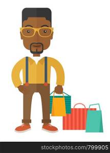 A black guy who go shopping with paper bags. A contemporary style. Vector flat design illustration with isolated white background. Vertical layout. Black guy who go shopping.