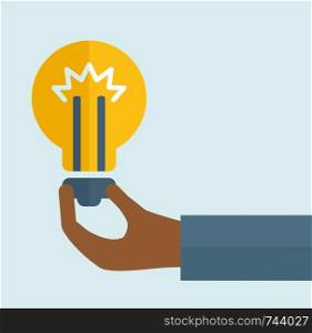 A black hand holding colorful bright incandescent light bulb used for spreading light, innovation and discovery, bright idea, finding solution. A contemporary style with pastel palette soft blue tinted background. Vector flat design illustration. Square layout with text space upper right side. . Black hand holding a bulb.