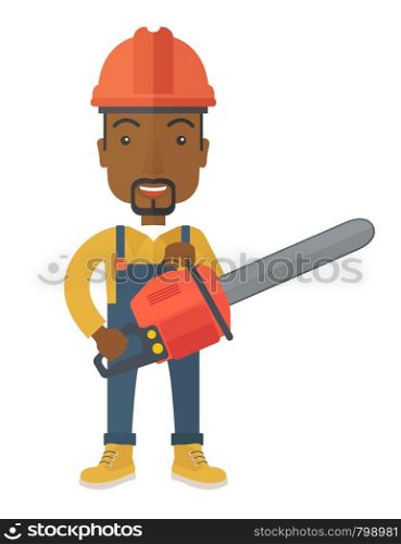 A black Lumberjack with hard hat as protection and chainsaw. A Contemporary style. Vector flat design illustration isolated white background. Vertical layout. Black Lumberjack cuts a tree by chainsaw.