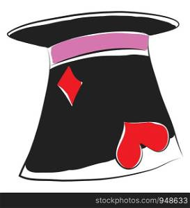 A black magician's hat with a red heart and red diamond shape, vector, color drawing or illustration.