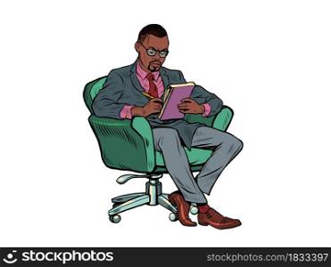 A black male psychotherapist is in a psychotherapy session, sitting in a chair and making notes in a notebook. Pop art retro vector illustration 50s 60s vintage kitsch style. A black male psychotherapist is in a psychotherapy session, sitting in a chair and making notes in a notebook