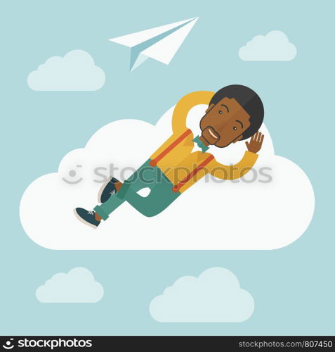 A black man is relaxing while lying on a cloud with paper plane. A contemporary style with pastel palette soft blue tinted background with desaturated clouds. Vector flat design illustration. Square layout. . Black man lying on a cloud with paper plane.
