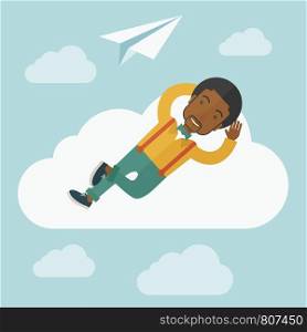 A black man is relaxing while lying on a cloud with paper plane. A contemporary style with pastel palette soft blue tinted background with desaturated clouds. Vector flat design illustration. Square layout. . Black man lying on a cloud with paper plane.