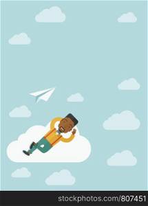 A black man is relaxing while lying on a cloud with paper plane. A contemporary style with pastel palette soft blue tinted background with desaturated clouds. Vector flat design illustration. Vertical layout.. Black man lying on a cloud with paper plane.
