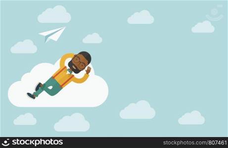 A black man is relaxing while lying on a cloud with paper plane. A contemporary style with pastel palette soft blue tinted background with desaturated clouds. Vector flat design illustration. Horizontal layout.. Black man lying on a cloud with paper plane.