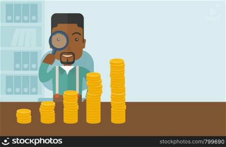 A black man looking his growing business in financial crisis concept. Economy and money, coin and success. A contemporary style with pastel palette soft blue tinted background. Vector flat design illustration. Horizontal layout with text space in right side.. Black man looking at his growing business using magnifying glass.