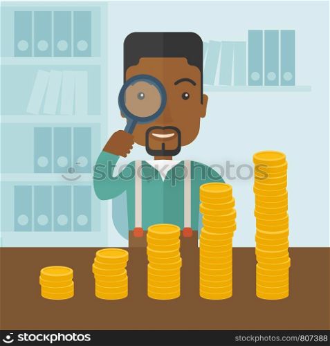 A black man looking his growing business in financial crisis concept. Economy and money, coin and success. A contemporary style with pastel palette soft blue tinted background. Vector flat design illustration. Square layout. Black man looking at his growing business using magnifying glass.