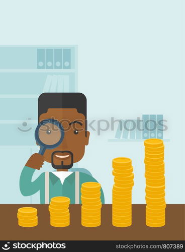 A black man looking his growing business in financial crisis concept. Economy and money, coin and success. A contemporary style with pastel palette soft blue tinted background. Vector flat design illustration. Vertical layout.. Black man looking at his growing business using magnifying glass.