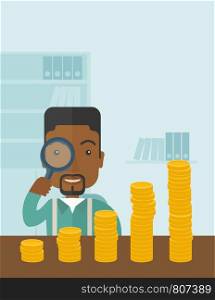 A black man looking his growing business in financial crisis concept. Economy and money, coin and success. A contemporary style with pastel palette soft blue tinted background. Vector flat design illustration. Vertical layout.. Black man looking at his growing business using magnifying glass.