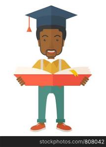 A black man standing and reading a book, wearing graduation cap, representing to be graduated in studying or finished school or university. A Contemporary style. Vector flat design illustration isolated white background. Vertical layout. Black man standing with graduation cap.