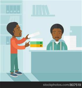A black man standing giving a paper work to do to black man sitting, stressful man in office with stack of paper on his desk. Business concept in overload work and very busy. A contemporary style with pastel palette soft blue tinted background. Vector flat design illustration. Square layout. . Two black office clerk inside the office.