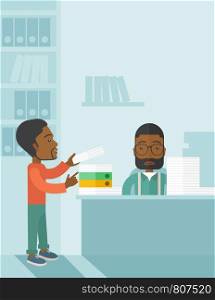 A black man standing giving a paper work to do to black man sitting, stressful man in office with stack of paper on his desk. Business concept in overload work and very busy. A contemporary style with pastel palette soft blue tinted background. Vector flat design illustration. Vertical layout with text space on top right part.. Two black office clerk inside the office.