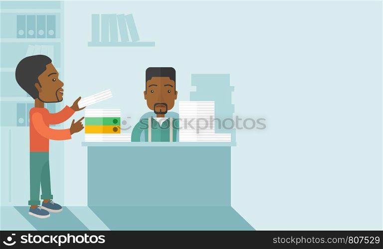 A black man standing giving a paper work to do to black man sitting, stressful man in office with stack of paper on his desk. Business concept in overload work and very busy. A contemporary style with pastel palette soft blue tinted background. Vector flat design illustration. Horizontla layout with text space in right side. . Two black office clerk inside the office.