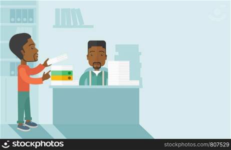 A black man standing giving a paper work to do to black man sitting, stressful man in office with stack of paper on his desk. Business concept in overload work and very busy. A contemporary style with pastel palette soft blue tinted background. Vector flat design illustration. Horizontla layout with text space in right side. . Two black office clerk inside the office.