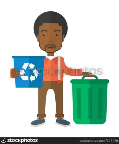A black man standing outside the house sorting a trash and will throw to the barbage bin. Eco-friendly. A Contemporary style. Vector flat design illustration isolated white background. Vertical layout.. Black man sorting a trash