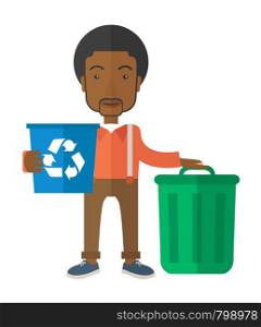A black man standing outside the house sorting a trash and will throw to the barbage bin. Eco-friendly. A Contemporary style. Vector flat design illustration isolated white background. Vertical layout.. Black man sorting a trash