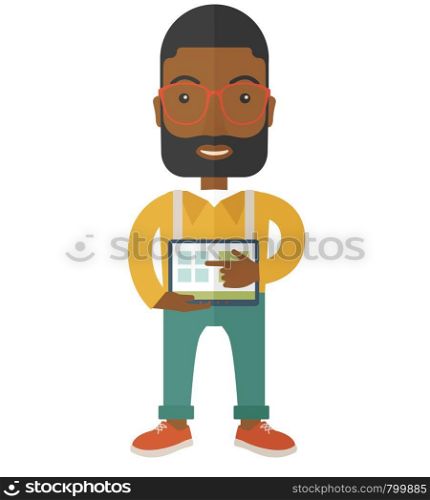 A black man standing while his hand pointing to the tablet to do his office presentation with the schedule of financial market. Business concept. A Contemporary style. Vector flat design illustration isolated white background. Vertical layout.. Black Man holding a screen tablet