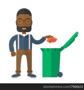 A black man throwing a crumpled paper in a green garbage bin. A Contemporary style. Vector flat design illustration isolated white background. Square layout.. Black man throwing paper in a garbage bin.