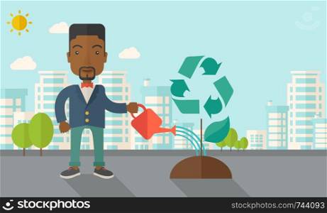 A black man watering the green recycle tree to improve the ecology under the sun. A Contemporary style with pastel palette, soft blue tinted background with desaturated clouds. Vector flat design illustration. Horizontal layout.. Man watering a recycling tree.