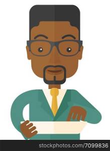 A black man with laptop. A Contemporary style. Vector flat design illustration isolated white background. Vertical layout. Black man with laptop