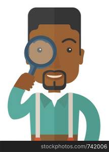 A black man with magnifying glass. A Contemporary style. Vector flat design illustration isolated white background. Vertical layout. Black man with magnifying glass.
