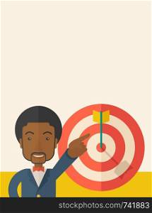 A black salesman happy standing while his hand pointing to the arrow from target pad shows that he hit his target sales. Business concept. A Contemporary style with pastel palette, soft beige tinted background. Vector flat design illustration. Vertical layout with text space on top part.. Black salesman hit the sales target.