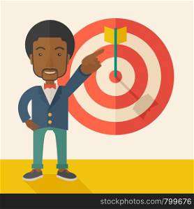 A black salesman happy standing while his hand pointing to the arrow from target pad shows that he hit his target sales. Business concept. A Contemporary style with pastel palette, soft beige tinted background. Vector flat design illustration. Square layout.. Black salesman hit the sales target.