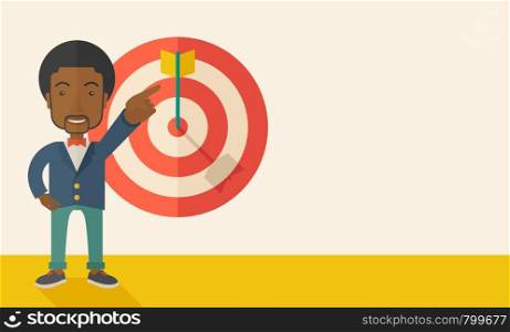 A black salesman happy standing while his hand pointing to the arrow from target pad shows that he hit his target sales. Business concept. A Contemporary style with pastel palette, soft beige tinted background. Vector flat design illustration. Horizontal layout with text space in right side.. Black salesman hit the sales target.
