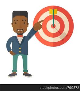 A black salesman happy standing while his hand pointing to the arrow from target pad shows that he hit his target sales. Business concept. A Contemporary style. Vector flat design illustration isolated white background. Square layout.. Black salesman hit the sales target.