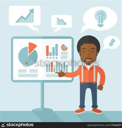 A black speaker presenting his report through infographics inside the conference room. Reporting concept. A Contemporary style with pastel palette, soft blue tinted background. Vector flat design illustration. Square layout. . Black speaker presenting his report.
