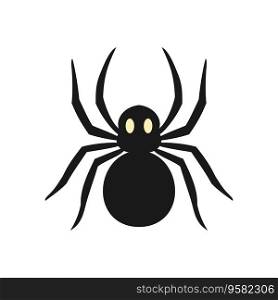 A black spider with yellow eyes on a white background. Spider silhouette. Insect flat design. Vector isolated illustration. 