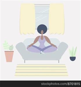 A black woman meditates. A black woman meditates in the Lotus position on a sofa. Yoga classes at home. Maintaining psychological health. Psychological balance. The positivity of the body.. A black woman meditates in the Lotus position 