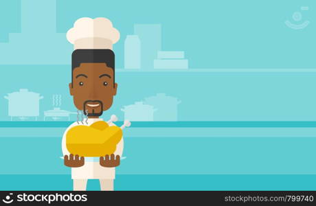 A black young chef presenting a tasty cooked turkey for thanksgiving celebration. A contemporary style with pastel palette blue tinted background. Vector flat design illustration. Horizontal layout with text space in right side.. Chef presenting a tasty cooked turkey.