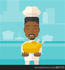 A black young chef presenting a tasty cooked turkey for thanksgiving celebration. A contemporary style with pastel palette blue tinted background. Vector flat design illustration. Square layout. . Chef presenting a tasty cooked turkey.