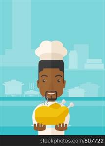 A black young chef presenting a tasty cooked turkey for thanksgiving celebration. A contemporary style with pastel palette blue tinted background. Vector flat design illustration. Vertical layout with text space on top part.. Chef presenting a tasty cooked turkey.