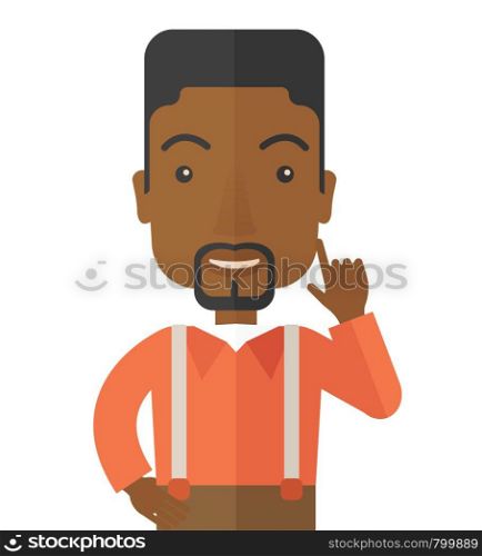 A black young successful man happy raising his one arm showing that he is number one. Winner concepA contemporary style. Vector flat design illustration with isolated white background. Square layout.. Black young successful man.