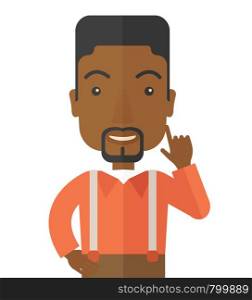 A black young successful man happy raising his one arm showing that he is number one. Winner concepA contemporary style. Vector flat design illustration with isolated white background. Square layout.. Black young successful man.