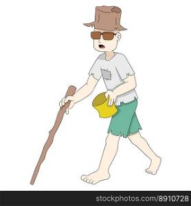 a blind beggar was walking with a bag asking for money. vector design illustration art