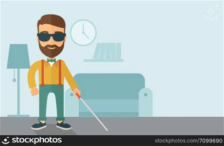 A blind caucasian with walking stick inside the house. Contemporary style with pastel palette, soft blue tinted background. Vector flat design illustrations. Horizontal layout with text space in right side.. Blind man with walking stick