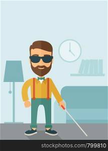 A blind caucasian with walking stick inside the house. Contemporary style with pastel palette, soft blue tinted background. Vector flat design illustrations. Vertical layout with text space on top part.. Blind man with walking stick