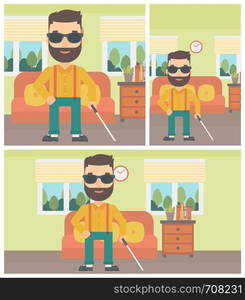 A blind hipster man in dark glasses standing with walking stick in the living room. Vector flat design Illustration. Square, horizontal, vertical layouts.. Blind man with stick.